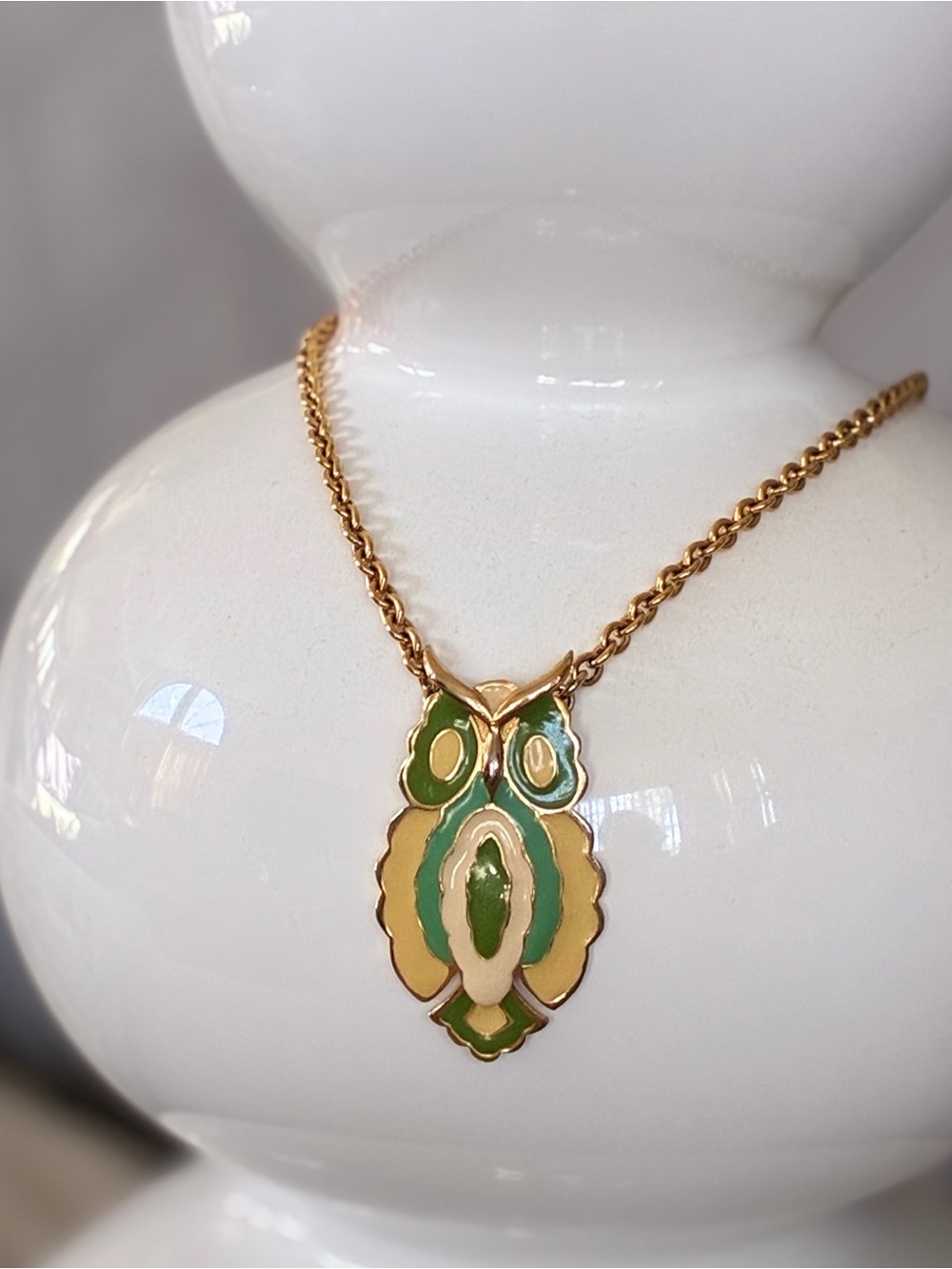 Abstract Owl Pendant Necklace Gold-Tone Green Enamel - Women's Jewelry 18”